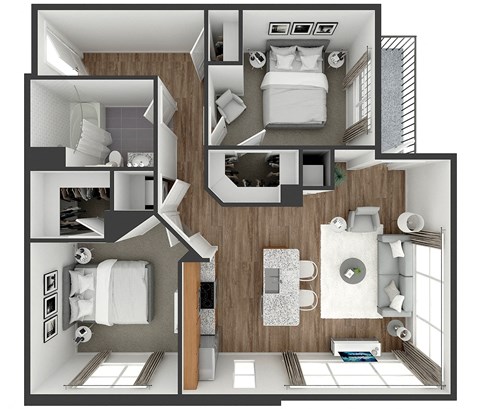 Floor plan for 2 beds, 1 bath, 906 sqft